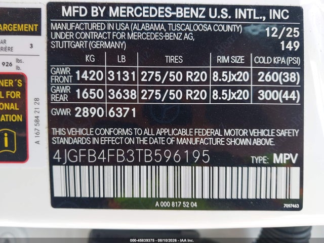 Aukcja sprzedaży 2026 Mercedes-benz Gle 350, vin: 4JGFB4FB3TB596195, numer aukcji: 45839375