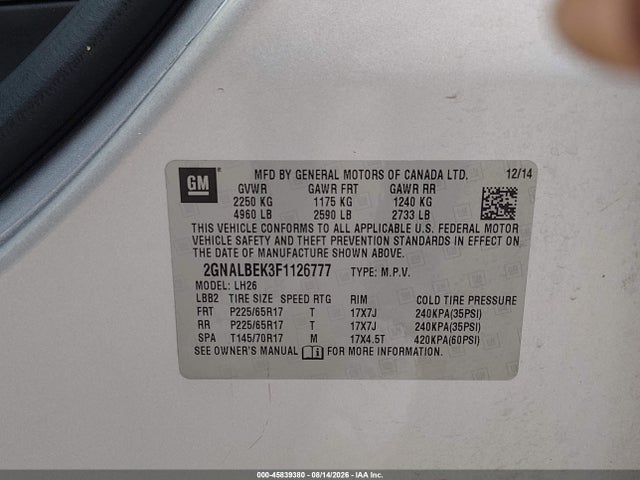 2015 Chevrolet Equinox Lt მანქანა იყიდება აუქციონზე, vin: 2GNALBEK3F1126777, აუქციონის ნომერი: 45839380