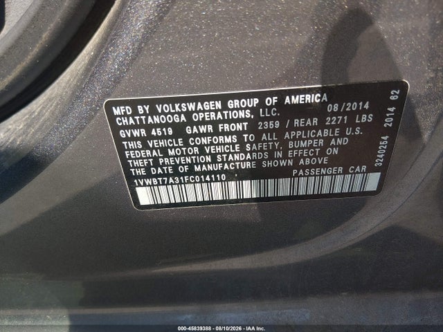 2015 Volkswagen Passat 1.8t Se მანქანა იყიდება აუქციონზე, vin: 1VWBT7A31FC014110, აუქციონის ნომერი: 45839388
