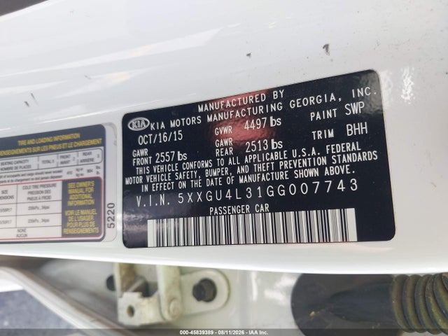 Auction sale of the 2016 Kia Optima Ex, vin: 5XXGU4L31GG007743, lot number: 45839389