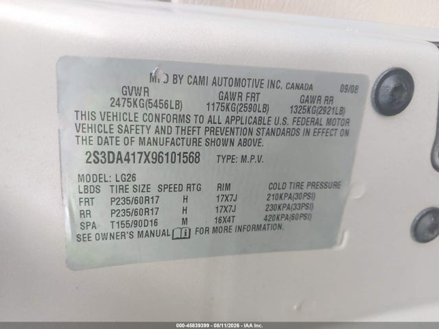 2009 Suzuki Xl7 Luxury მანქანა იყიდება აუქციონზე, vin: 2S3DA417X96101568, აუქციონის ნომერი: 45839399