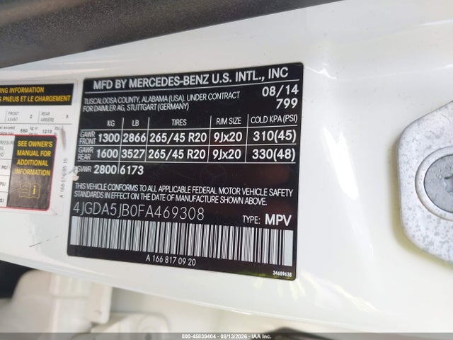 Продаж на аукціоні авто 2015 Mercedes-benz Ml 350, vin: 4JGDA5JB0FA469308, номер лоту: 45839404