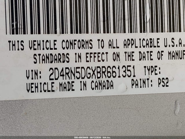 45839409 :رقم المزاد ، 2D4RN5DGXBR661351 vin ، 2011 Dodge Grand Caravan Crew مزاد بيع