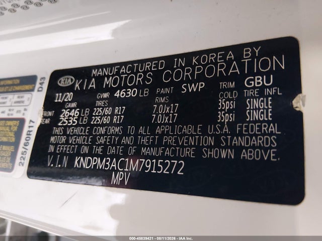 45839421 :رقم المزاد ، KNDPM3AC1M7915272 vin ، 2021 Kia Sportage Lx مزاد بيع