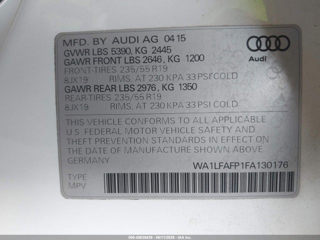 Продаж на аукціоні авто 2015 Audi Q5 2.0t Premium, vin: WA1LFAFP1FA130176, номер лоту: 45839439