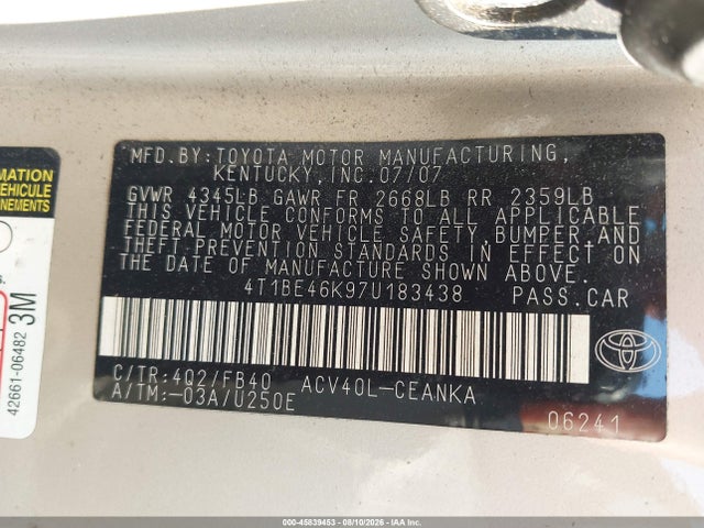 45839453 :رقم المزاد ، 4T1BE46K97U183438 vin ، 2007 Toyota Camry Le مزاد بيع