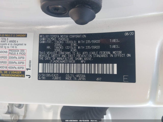 45839454 :رقم المزاد ، JTJHZKEA6M2018838 vin ، 2021 Lexus Rx 350l مزاد بيع