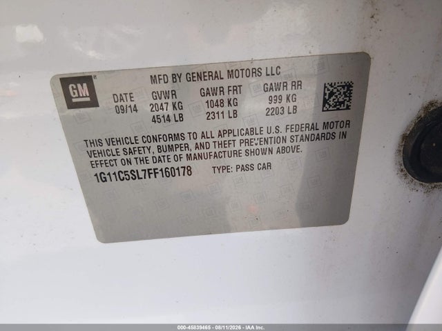 Продаж на аукціоні авто 2015 Chevrolet Malibu 1lt, vin: 1G11C5SL7FF160178, номер лоту: 45839465