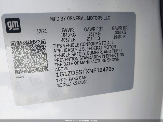 Продажа на аукционе авто 2022 Chevrolet Malibu Fwd Lt, vin: 1G1ZD5STXNF104265, номер лота: 45839475