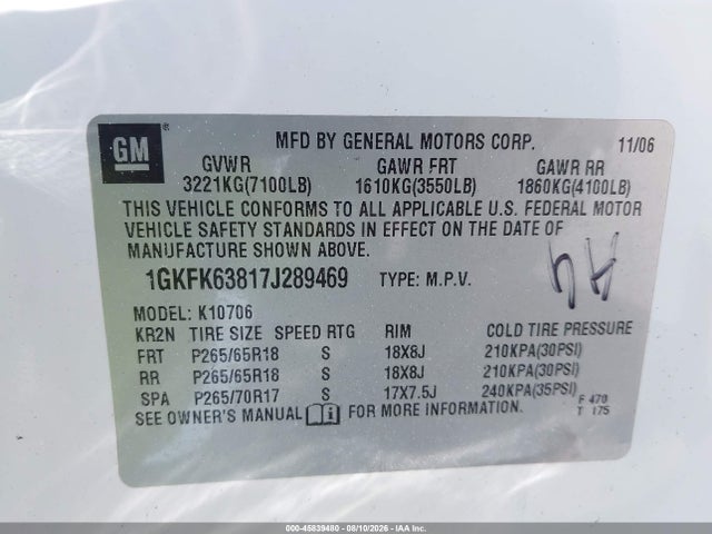 2007 Gmc Yukon Denali Denali მანქანა იყიდება აუქციონზე, vin: 1GKFK63817J289469, აუქციონის ნომერი: 45839480