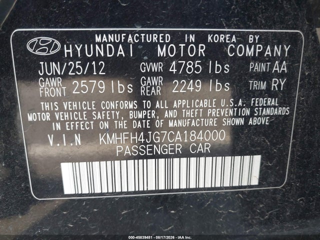 Aukcja sprzedaży 2012 Hyundai Azera, vin: KMHFH4JG7CA184000, numer aukcji: 45839481