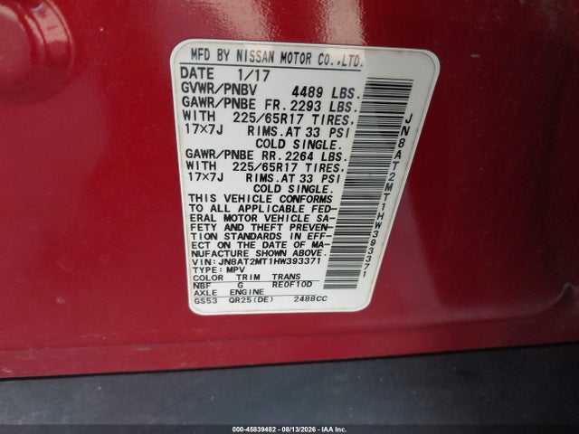 JN8AT2MT1HW393371 Nissan ROGUE SV
