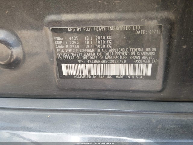 2012 Subaru Legacy 2.5i Premium მანქანა იყიდება აუქციონზე, vin: 4S3BMBB65C3024789, აუქციონის ნომერი: 45839487