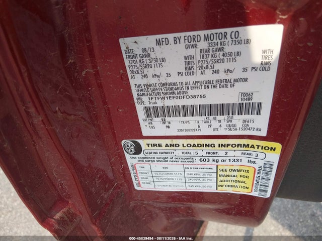 2013 Ford F-150 Platinum მანქანა იყიდება აუქციონზე, vin: 1FTFW1EF0DFD38755, აუქციონის ნომერი: 45839494