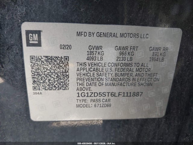 2020 Chevrolet Malibu Fwd Lt მანქანა იყიდება აუქციონზე, vin: 1G1ZD5ST6LF111887, აუქციონის ნომერი: 45839498