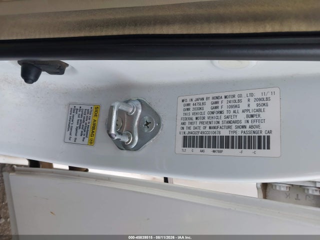 2012 Acura Tsx 2.4 მანქანა იყიდება აუქციონზე, vin: JH4CU2F49CC010678, აუქციონის ნომერი: 45839515