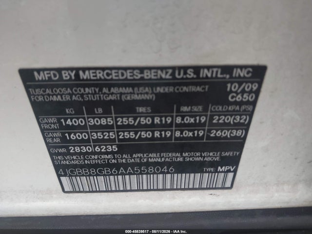 Aukcja sprzedaży 2010 Mercedes-benz Ml 350 4matic, vin: 4JGBB8GB6AA558046, numer aukcji: 45839517