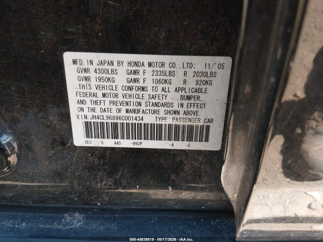 2006 Acura Tsx მანქანა იყიდება აუქციონზე, vin: JH4CL96896C001434, აუქციონის ნომერი: 45839519