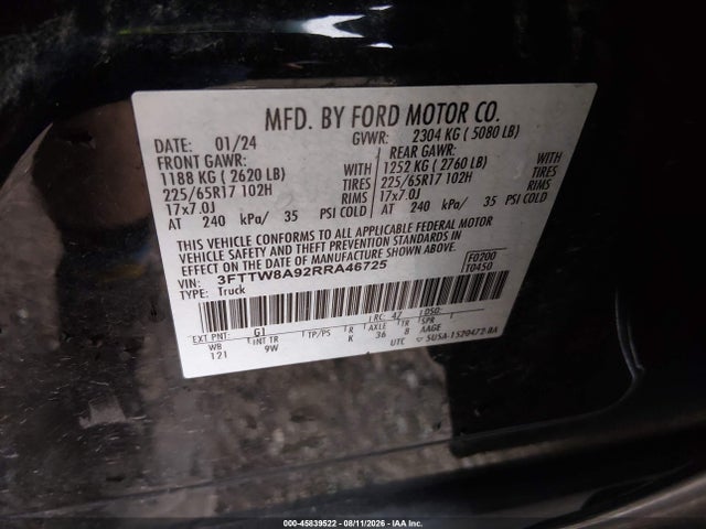 45839522 :رقم المزاد ، 3FTTW8A92RRA46725 vin ، 2024 Ford Maverick Xl مزاد بيع