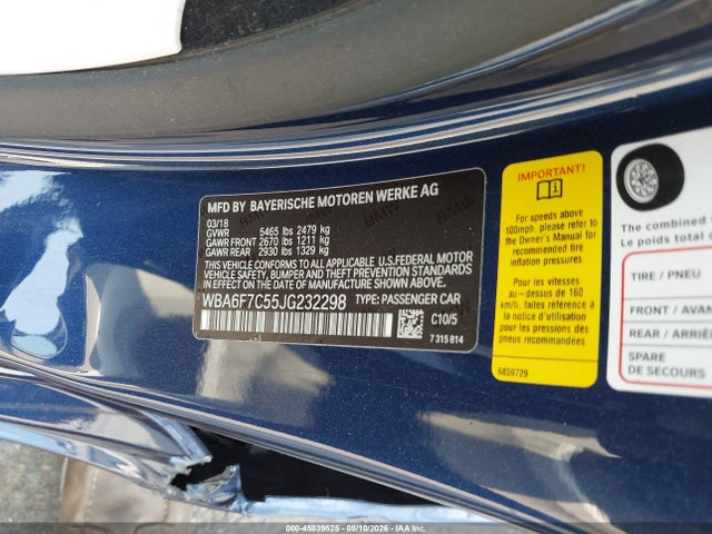 Aukcja sprzedaży 2018 Bmw 650i Xdrive, vin: WBA6F7C55JG232298, numer aukcji: 45839525