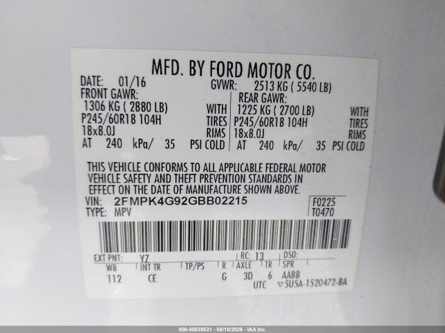 Aukcja sprzedaży 2016 Ford Edge Se, vin: 2FMPK4G92GBB02215, numer aukcji: 45839531