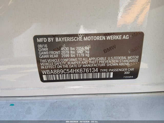 2017 Bmw 330i მანქანა იყიდება აუქციონზე, vin: WBA8B9C54HK676134, აუქციონის ნომერი: 45839536