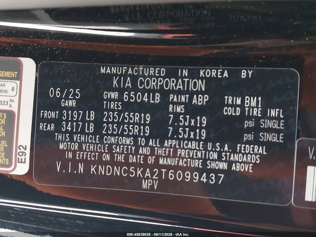 Aukcja sprzedaży 2026 Kia Carnival Mpv Hybrid Ex, vin: KNDNC5KA2T6099437, numer aukcji: 45839538