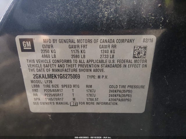 45839583 :رقم المزاد ، 2GKALMEK1G6275069 vin ، 2016 Gmc Terrain Sle-1 مزاد بيع