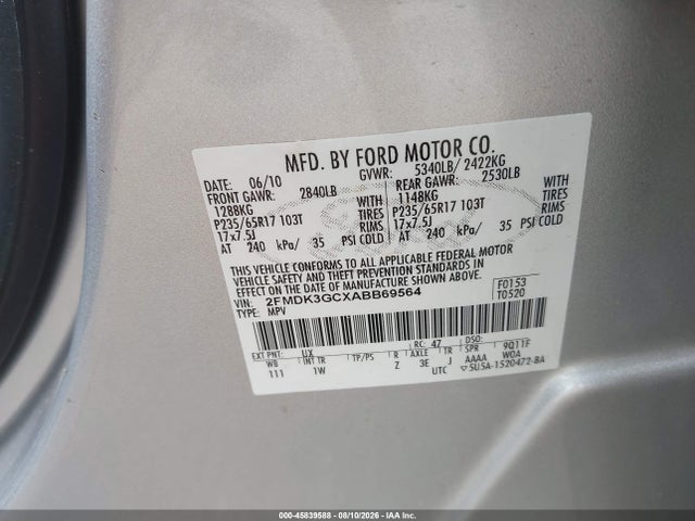 2010 Ford Edge Se მანქანა იყიდება აუქციონზე, vin: 2FMDK3GCXABB69564, აუქციონის ნომერი: 45839588