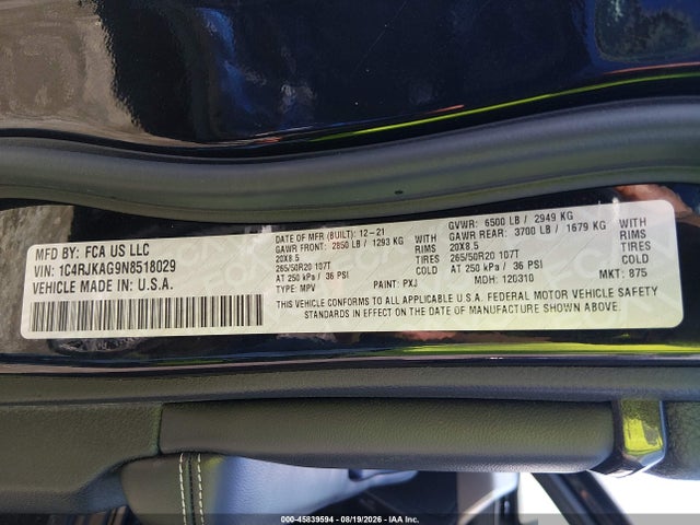 Продаж на аукціоні авто 2022 Jeep Grand Cherokee L Altitude 4x4, vin: 1C4RJKAG9N8518029, номер лоту: 45839594