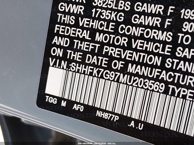 Aukcja sprzedaży 2021 Honda Civic Sport Touring, vin: SHHFK7G97MU203569, numer aukcji: 45839596