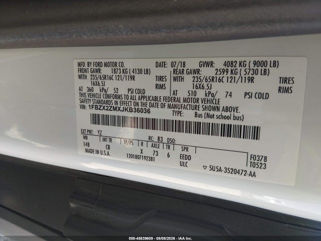 Продаж на аукціоні авто 2018 Ford Transit-350 Xl, vin: 1FBZX2ZMXJKB36036, номер лоту: 45839609