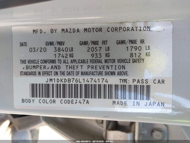 Aukcja sprzedaży 2020 Mazda Cx-3 Sport, vin: JM1DKDB76L1474174, numer aukcji: 45839615