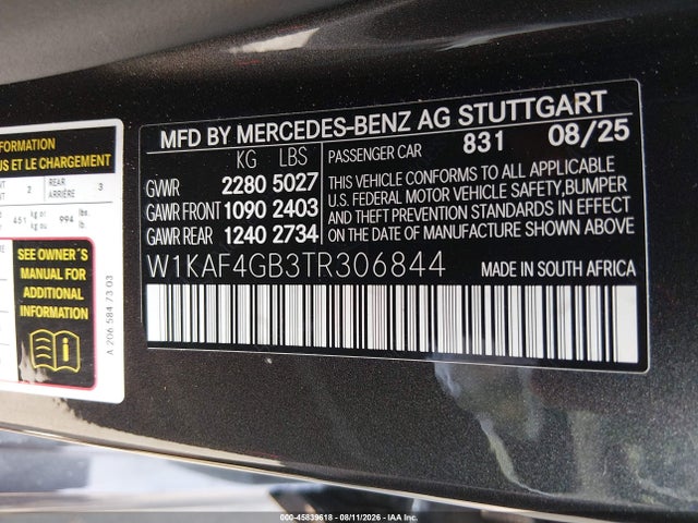 Продаж на аукціоні авто 2026 Mercedes-benz C 300, vin: W1KAF4GB3TR306844, номер лоту: 45839618