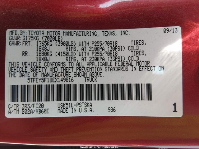 45839621 :رقم المزاد ، 5TFEY5F18EX149816 vin ، 2014 Toyota Tundra Sr5 5.7l V8 مزاد بيع