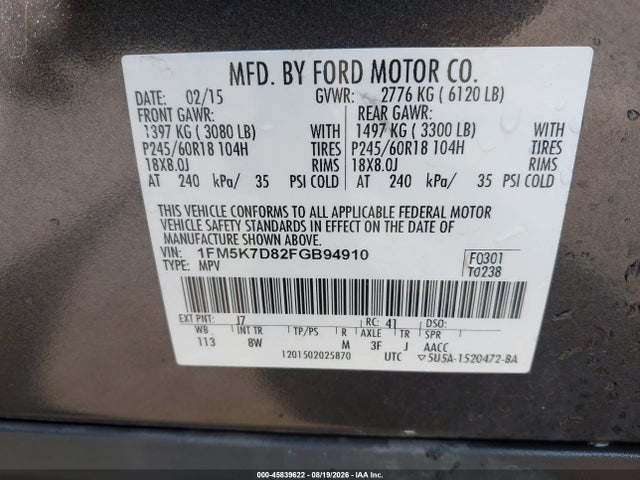 Aukcja sprzedaży 2015 Ford Explorer Xlt, vin: 1FM5K7D82FGB94910, numer aukcji: 45839622