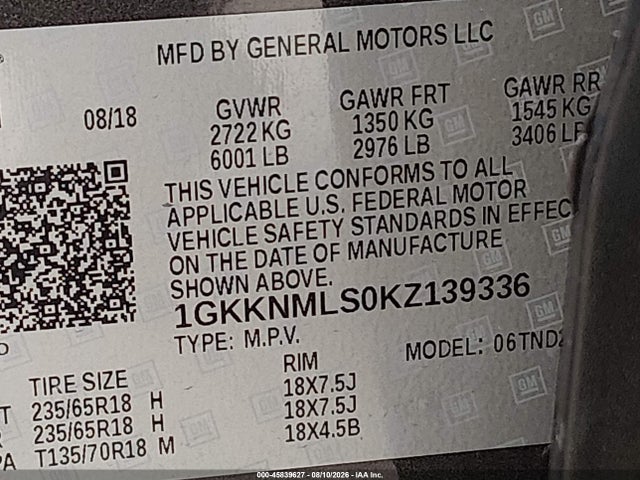 45839627 :رقم المزاد ، 1GKKNMLS0KZ139336 vin ، 2019 Gmc Acadia Slt-1 مزاد بيع