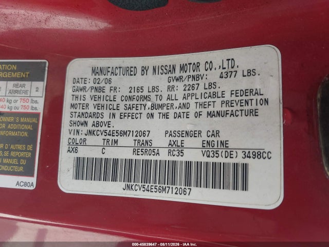 45839647 :رقم المزاد ، JNKCV54E56M712067 vin ، 2006 Infiniti G35 مزاد بيع