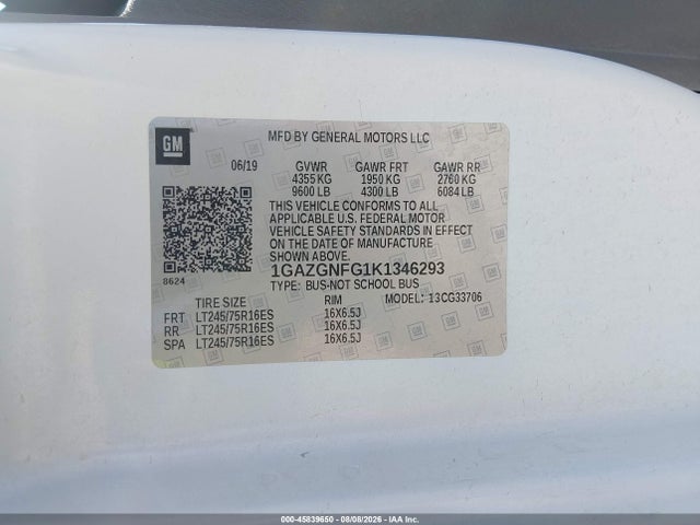 45839650 :رقم المزاد ، 1GAZGNFG1K1346293 vin ، 2019 Chevrolet Express 3500 Ls مزاد بيع