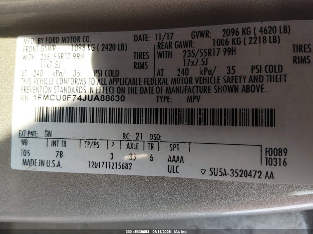 Продажа на аукционе авто 2018 Ford Escape S, vin: 1FMCU0F74JUA88630, номер лота: 45839653