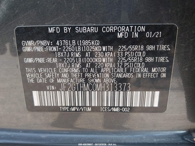 45839657 :رقم المزاد ، JF2GTHMC0MH313373 vin ، 2021 Subaru Crosstrek Limited مزاد بيع