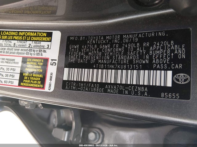 45839683 :رقم المزاد ، 4T1B11HK7KU813151 vin ، 2019 Toyota Camry Le مزاد بيع