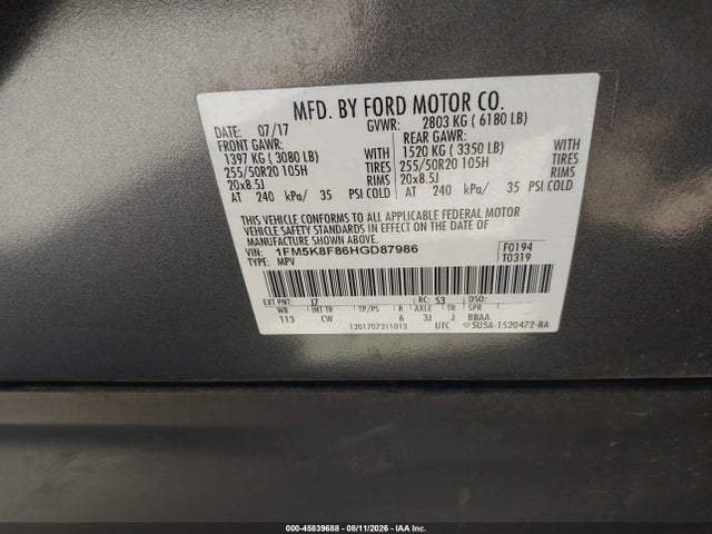 Aukcja sprzedaży 2017 Ford Explorer Limited, vin: 1FM5K8F86HGD87986, numer aukcji: 45839688