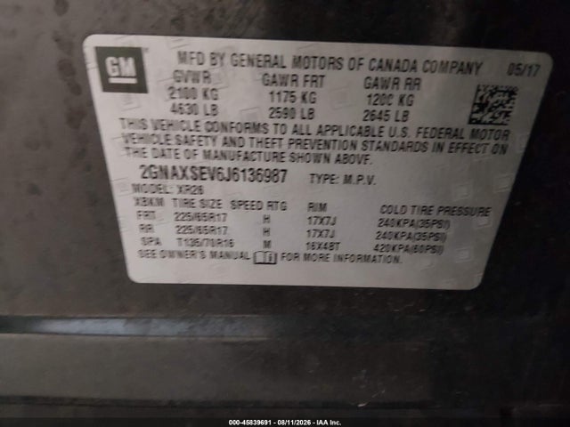 Продаж на аукціоні авто 2018 Chevrolet Equinox Lt, vin: 2GNAXSEV6J6136987, номер лоту: 45839691