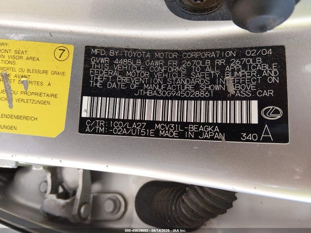 Продаж на аукціоні авто 2004 Lexus Es 330, vin: JTHBA30G945028861, номер лоту: 45839692