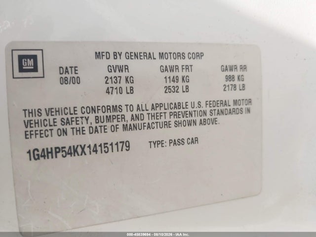 Продаж на аукціоні авто 2001 Buick Lesabre Custom, vin: 1G4HP54KX14151179, номер лоту: 45839694