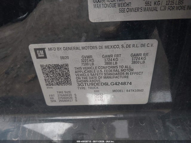 Aukcja sprzedaży 2020 Gmc Sierra 1500 4wd  Short Box Slt, vin: 3GTU9DED6LG424874, numer aukcji: 45839715