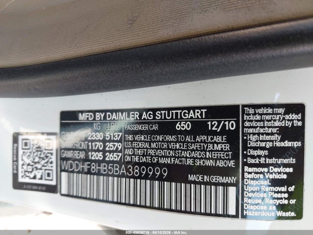 45839716 :رقم المزاد ، WDDHF8HB5BA389999 vin ، 2011 Mercedes-benz E 350 4matic مزاد بيع