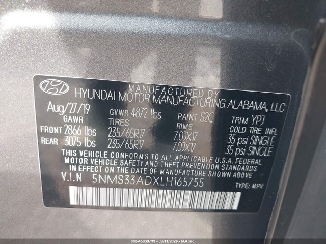 2020 Hyundai Santa Fe Sel მანქანა იყიდება აუქციონზე, vin: 5NMS33ADXLH165755, აუქციონის ნომერი: 45839733