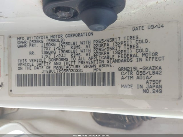 Aukcja sprzedaży 2005 Toyota 4runner Limited V6, vin: JTEBU17R958030321, numer aukcji: 45839749